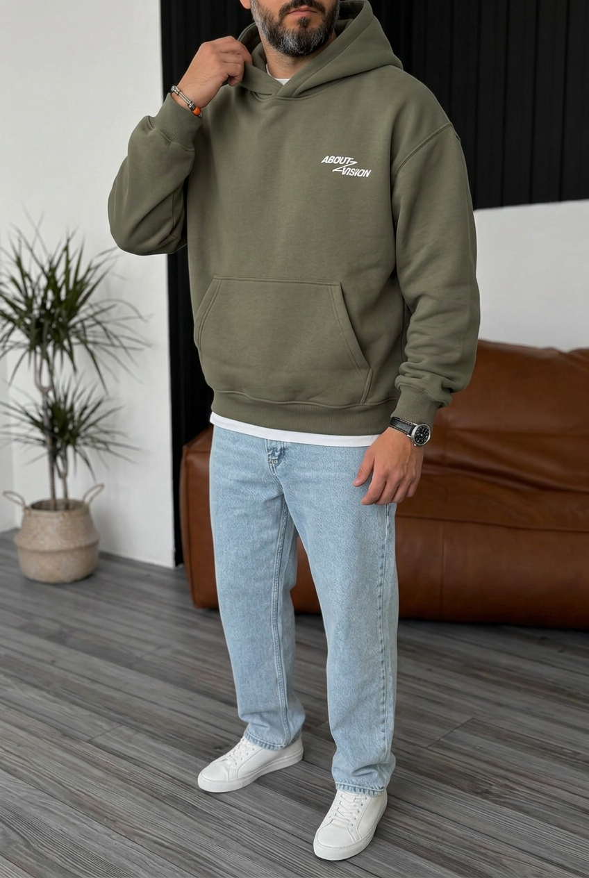 Premium Boxy Fit Hooded Sweatshirt with Vision Prints and Inner Lining – Khaki