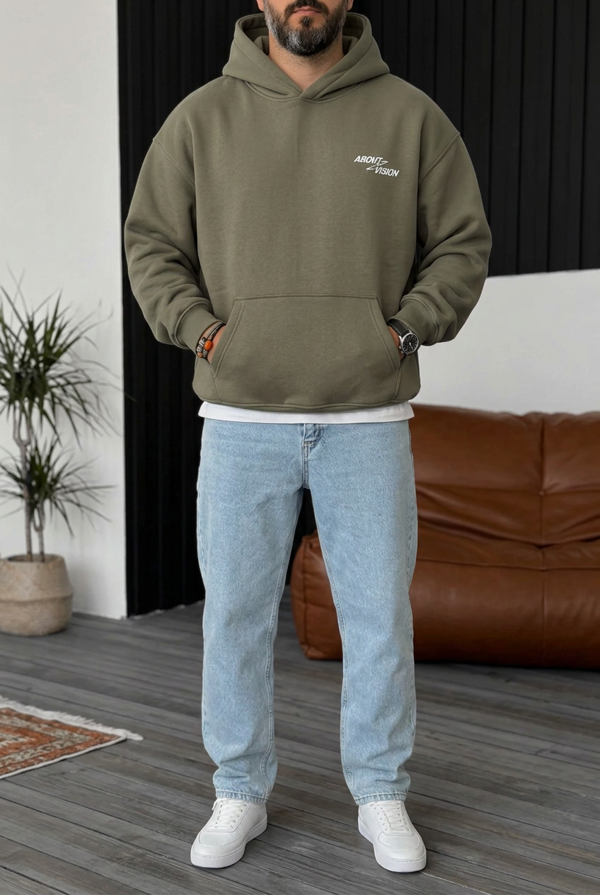 Premium Boxy Fit Hooded Sweatshirt with Vision Prints and Inner Lining – Khaki