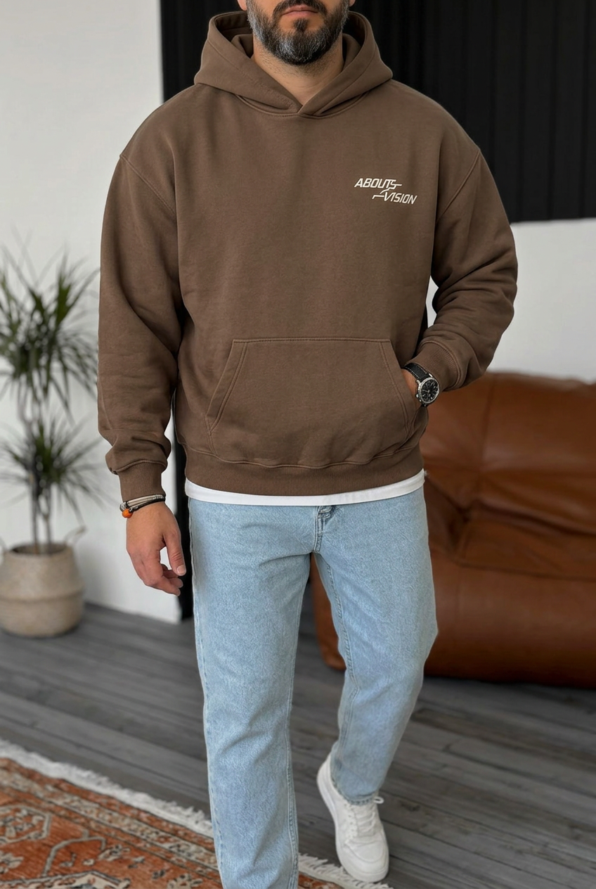 Premium Boxy Fit Hooded Sweatshirt with Vision Prints and Inner Lining – Brown