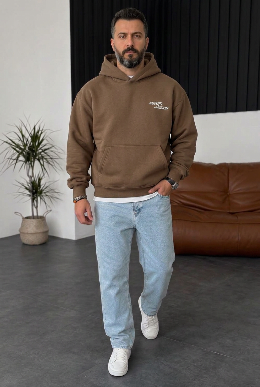 Premium Boxy Fit Hooded Sweatshirt with Vision Prints and Inner Lining – Brown