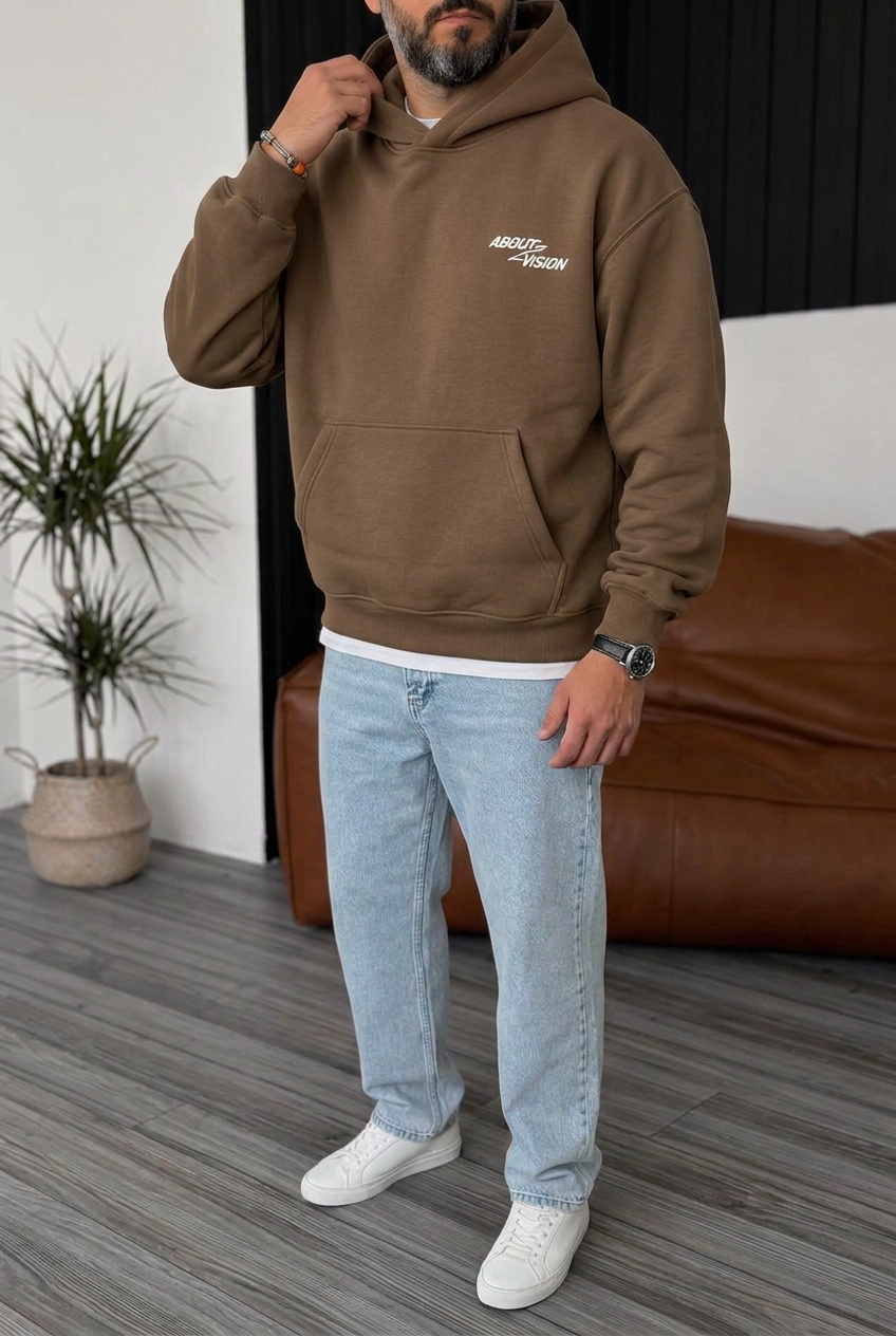 Premium Boxy Fit Hooded Sweatshirt with Vision Prints and Inner Lining – Brown