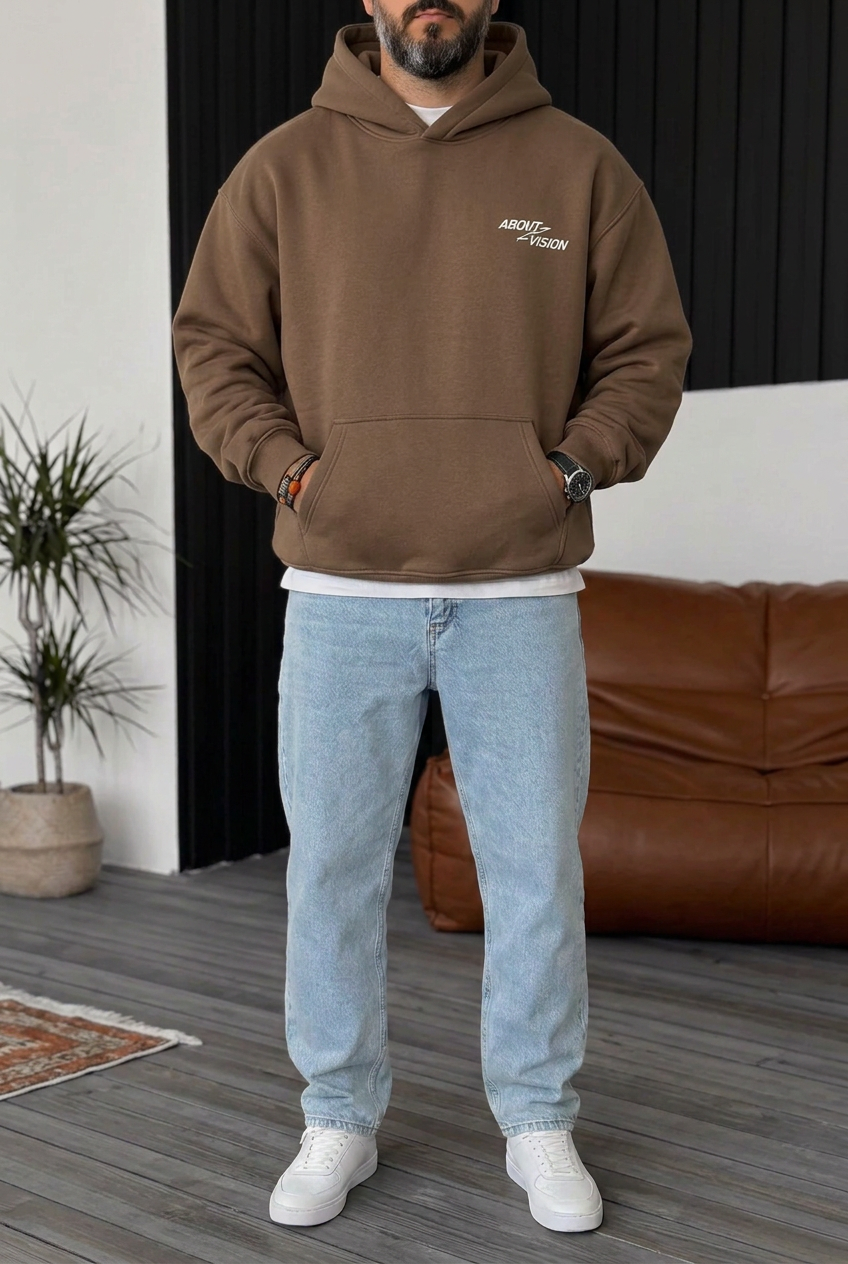 Premium Boxy Fit Hooded Sweatshirt with Vision Prints and Inner Lining – Brown
