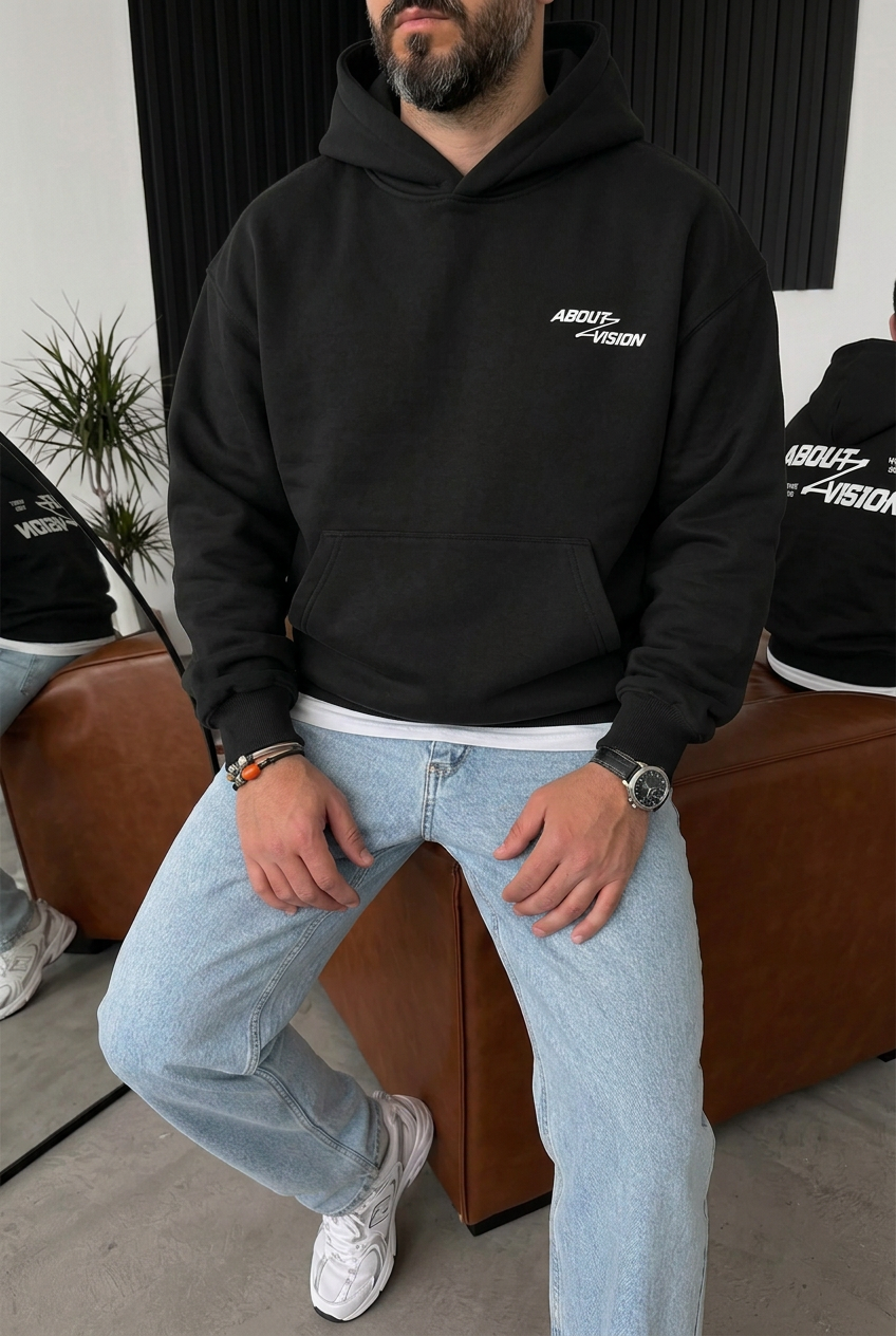 Premium Boxy Fit Hooded Sweatshirt with Vision Prints and Inner Lining – Black