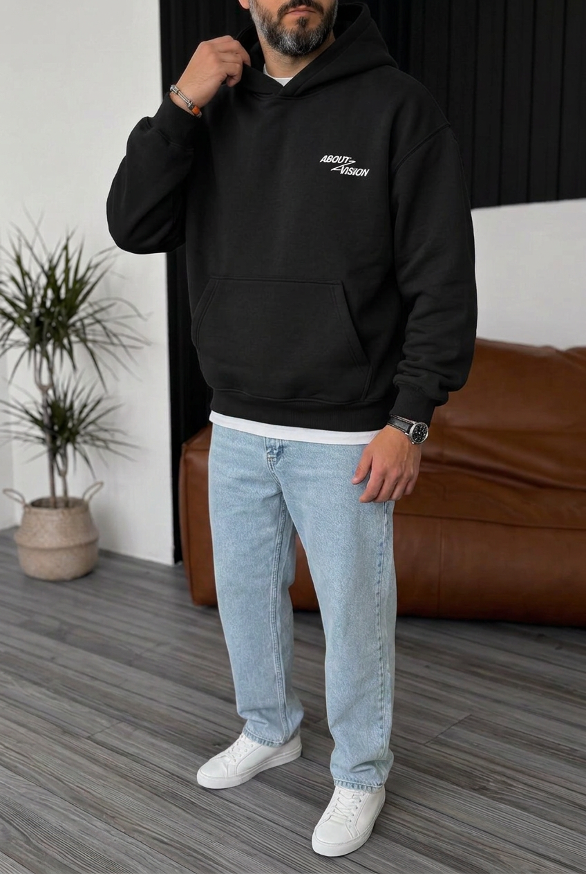 Premium Boxy Fit Hooded Sweatshirt with Vision Prints and Inner Lining – Black