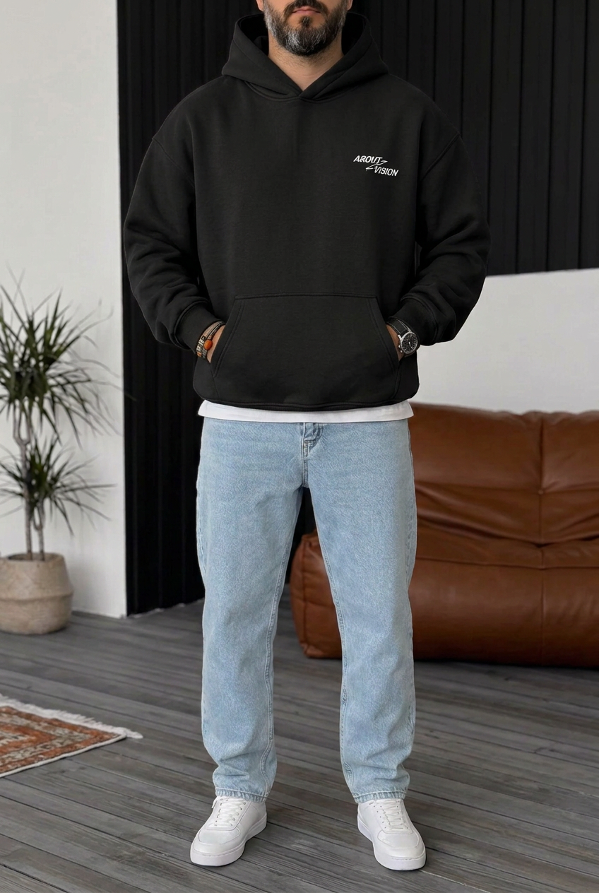 Premium Boxy Fit Hooded Sweatshirt with Vision Prints and Inner Lining – Black