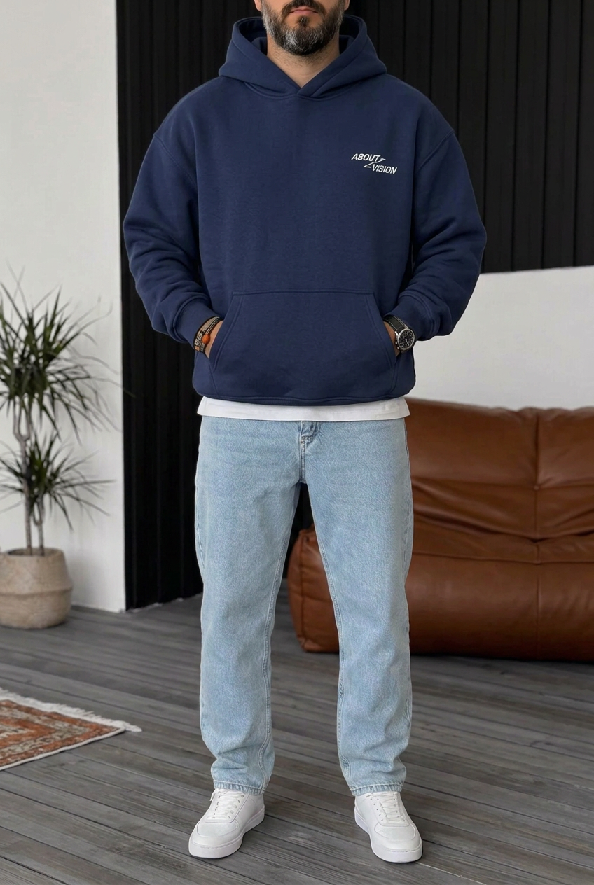 Premium Boxy Fit Hooded Sweatshirt with Vision Prints and Inner Lining – Blue