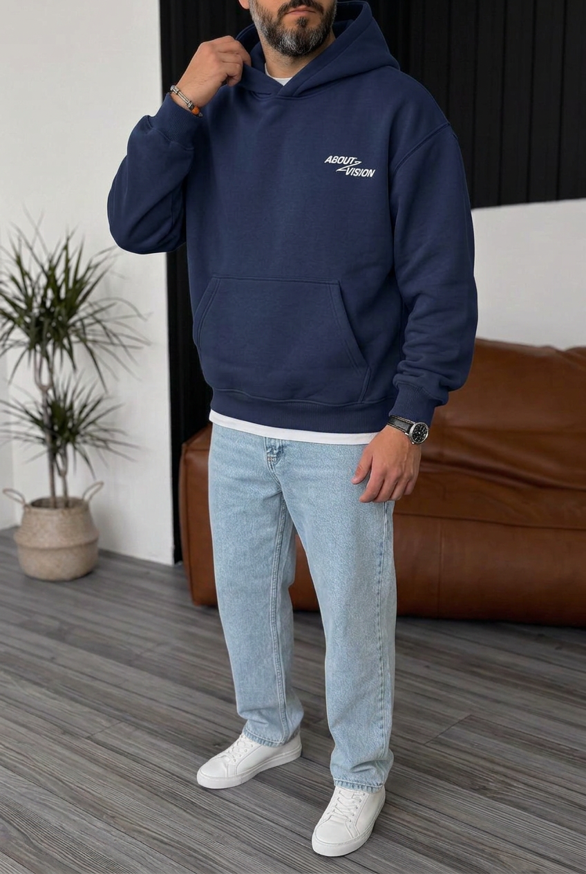 Premium Boxy Fit Hooded Sweatshirt with Vision Prints and Inner Lining – Blue
