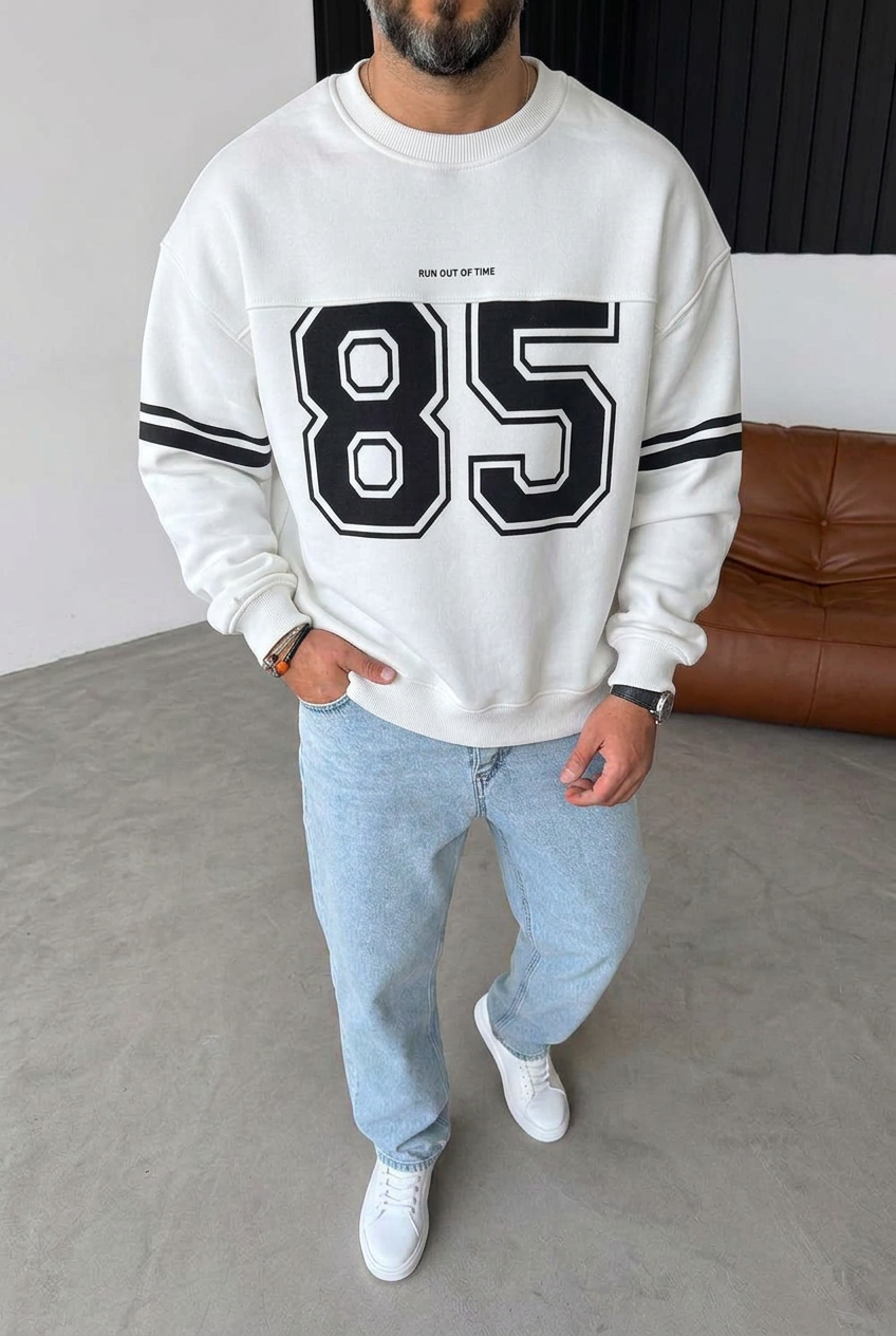 Premium Retro Varsity 85 Crewneck Sweatshirt with Inner Lining – White
