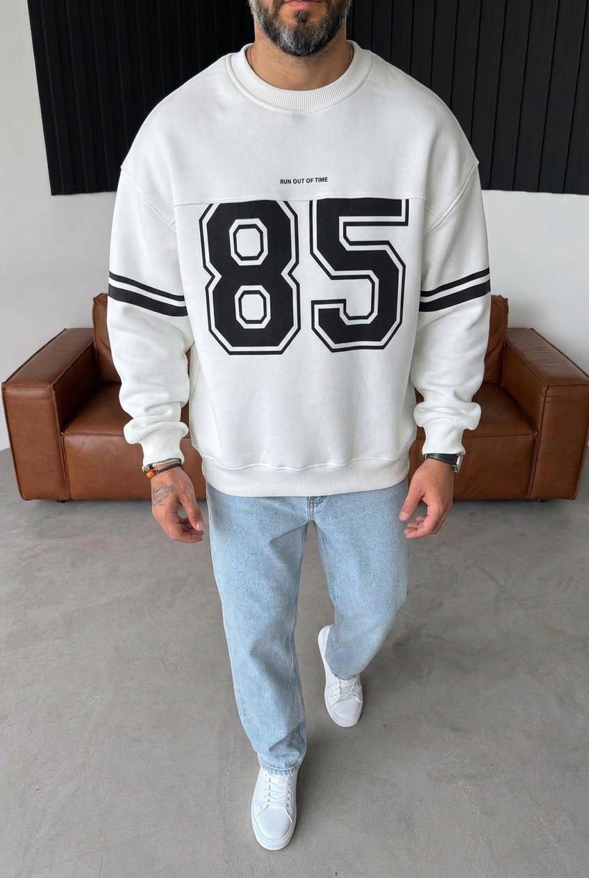 Premium Retro Varsity 85 Crewneck Sweatshirt with Inner Lining – White
