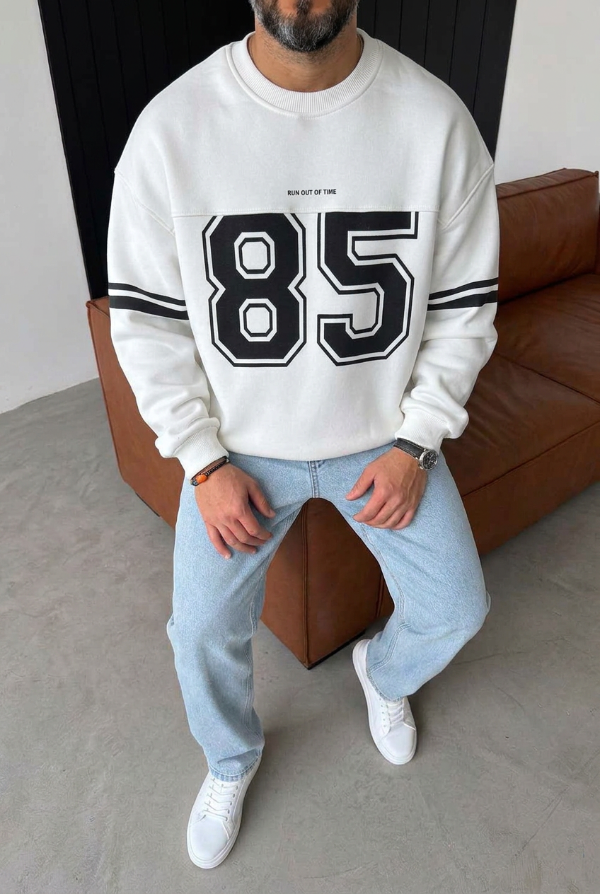 Premium Retro Varsity 85 Crewneck Sweatshirt with Inner Lining – White
