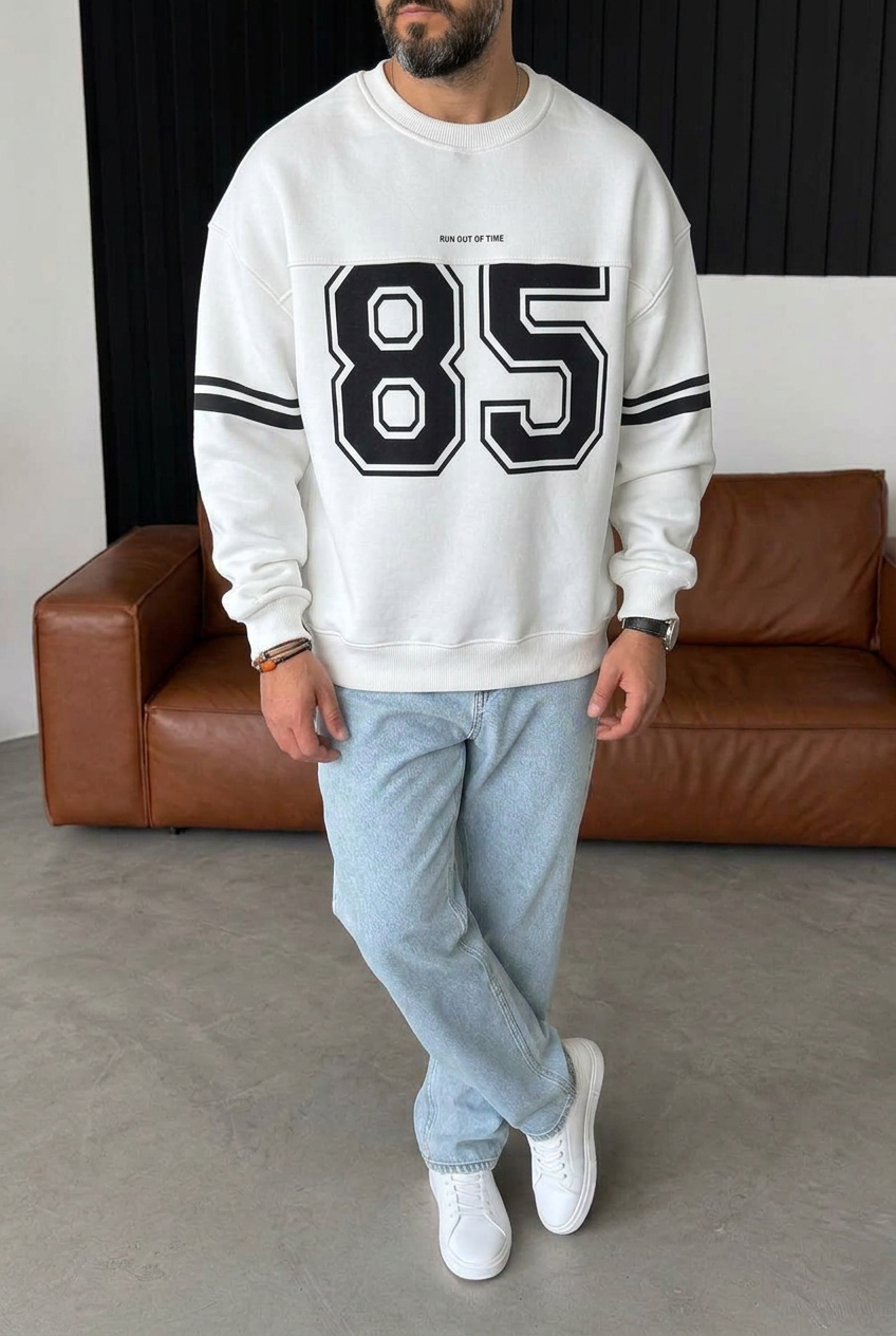 Premium Retro Varsity 85 Crewneck Sweatshirt with Inner Lining – White