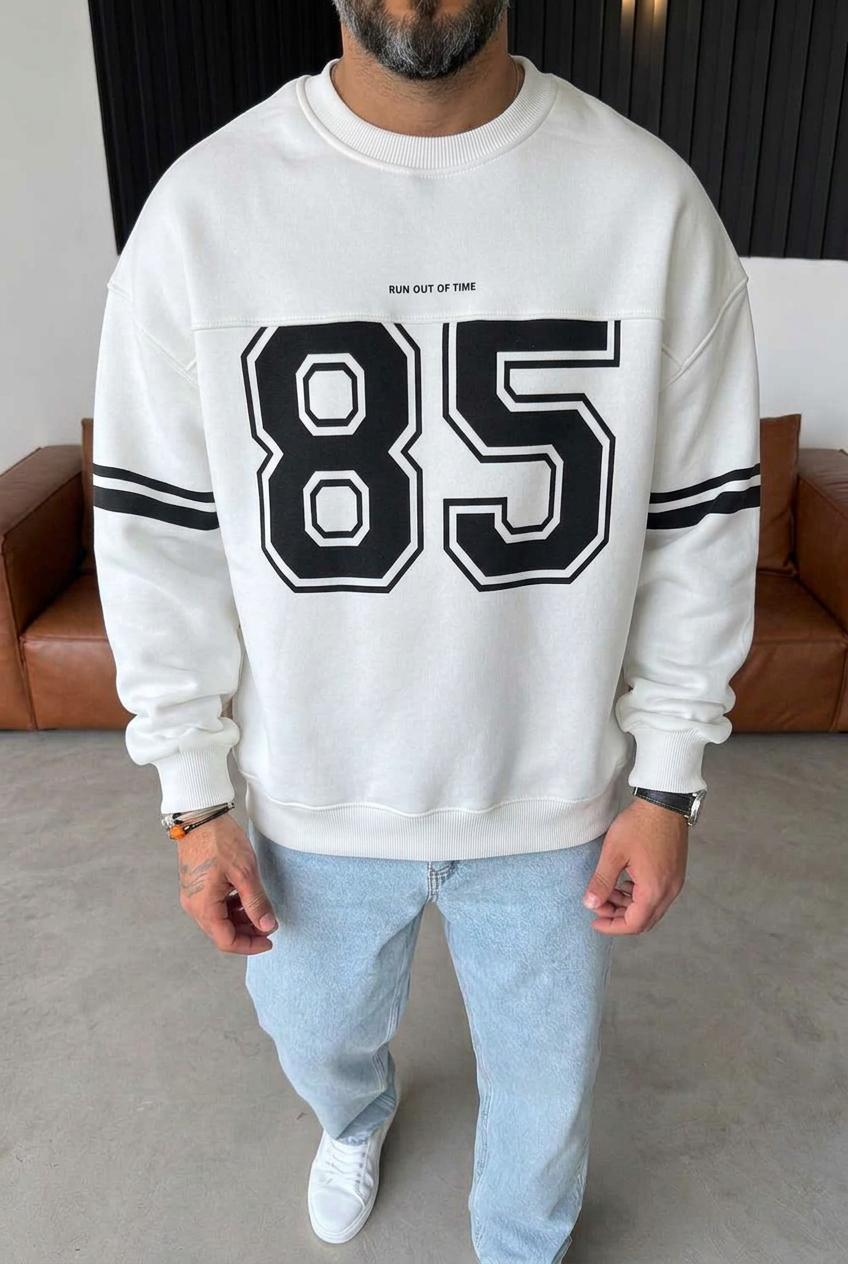 Premium Retro Varsity 85 Crewneck Sweatshirt with Inner Lining – White