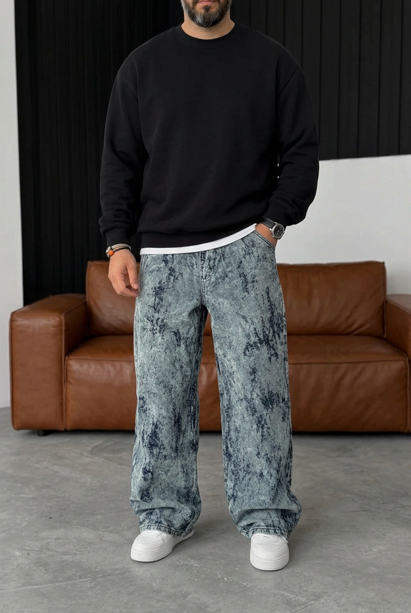 Old School Extra Baggy Denim/Velvet Trousers with Fraying Effect – Grey