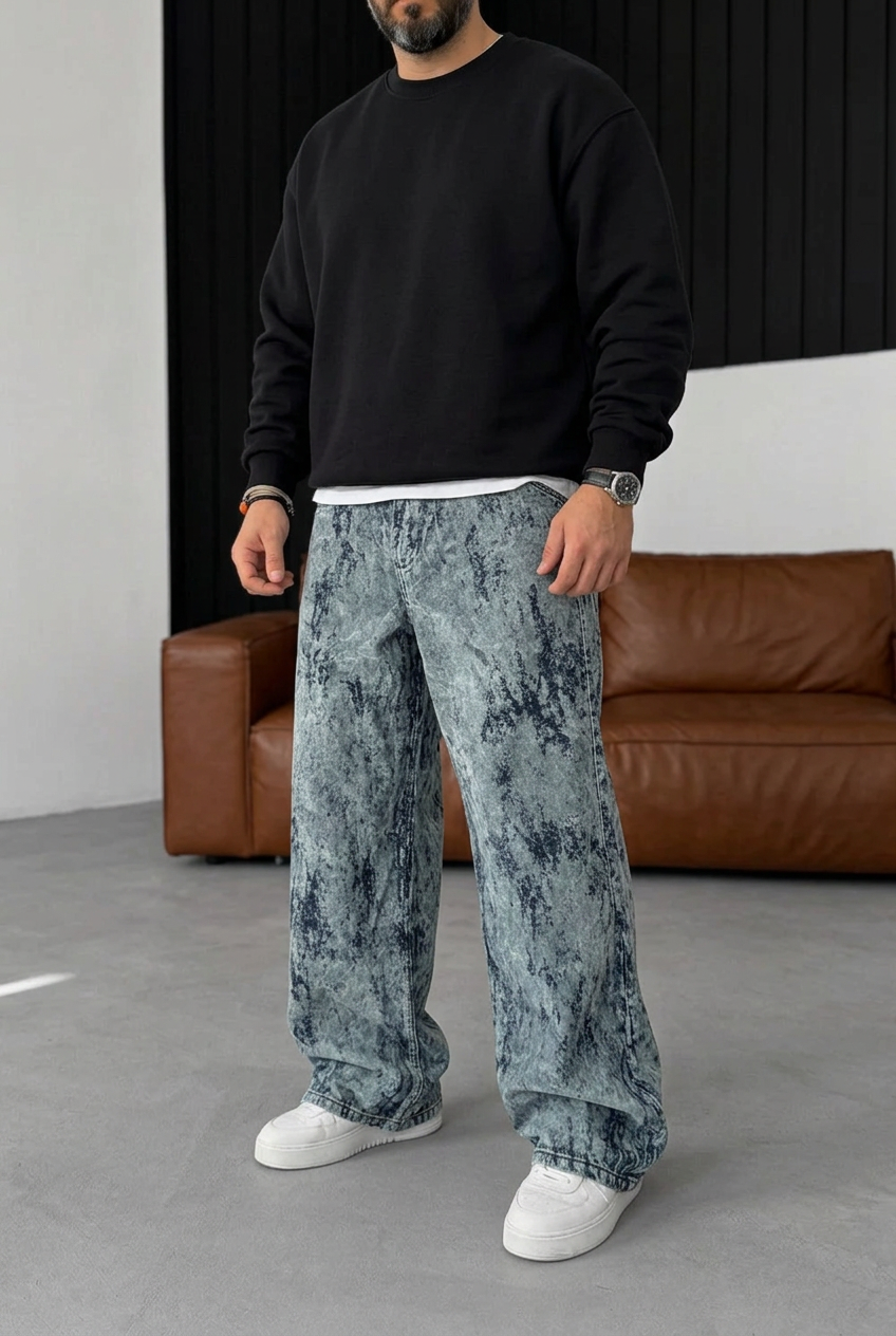 Old School Extra Baggy Denim/Velvet Trousers with Fraying Effect – Grey