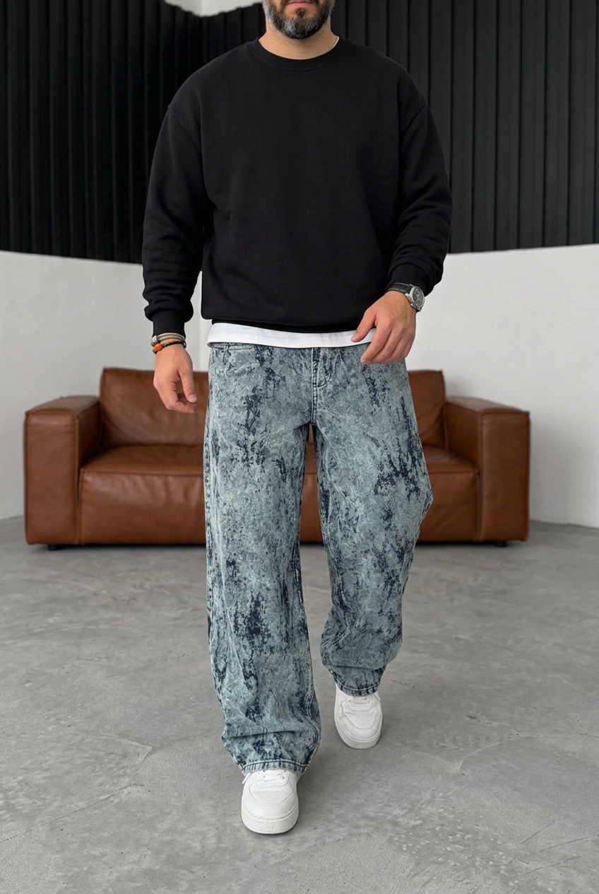 Old School Extra Baggy Denim/Velvet Trousers with Fraying Effect – Grey
