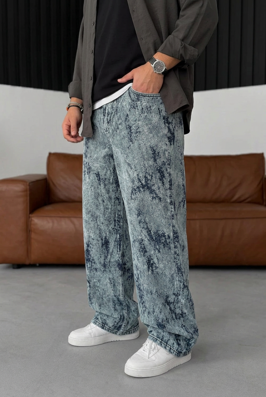 Old School Extra Baggy Denim/Velvet Trousers with Fraying Effect – Grey
