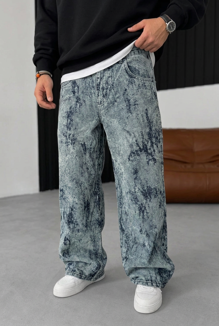 Old School Extra Baggy Denim/Velvet Trousers with Fraying Effect – Grey