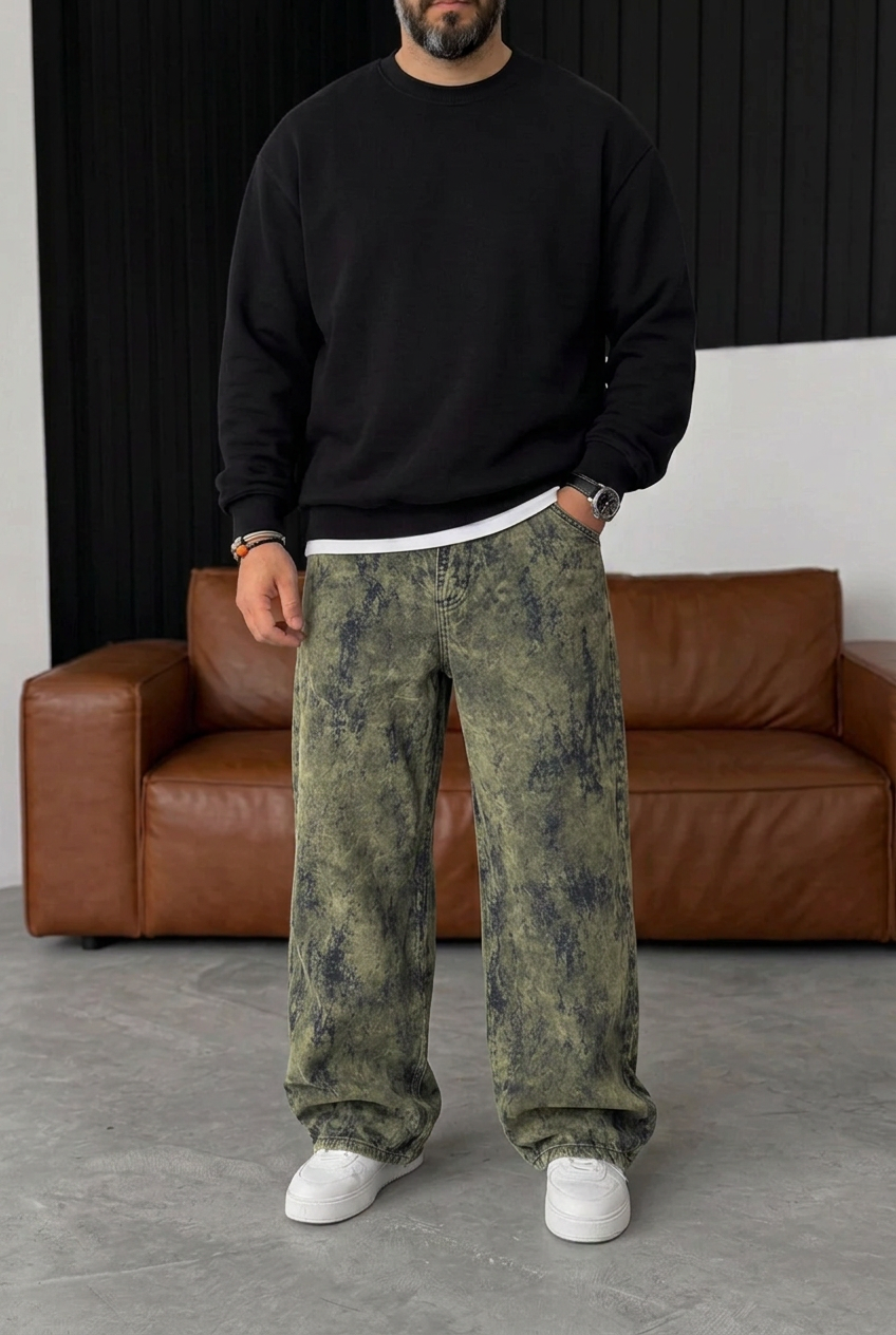 Old School Extra Baggy Denim/Velvet Trousers with Fraying Effect – Khaki