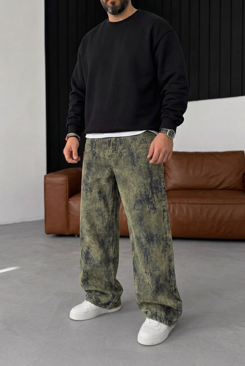 Old School Extra Baggy Denim/Velvet Trousers with Fraying Effect – Khaki