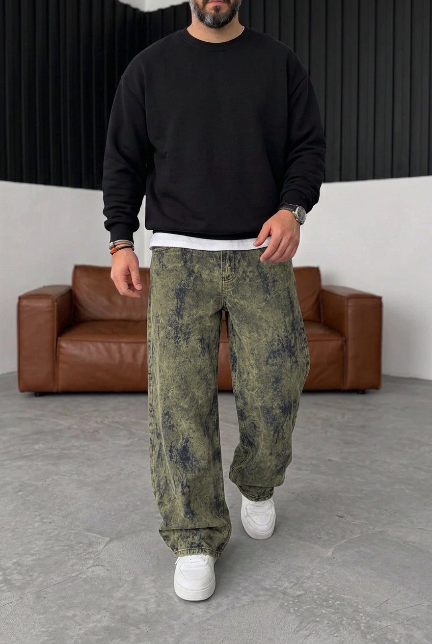 Old School Extra Baggy Denim/Velvet Trousers with Fraying Effect – Khaki