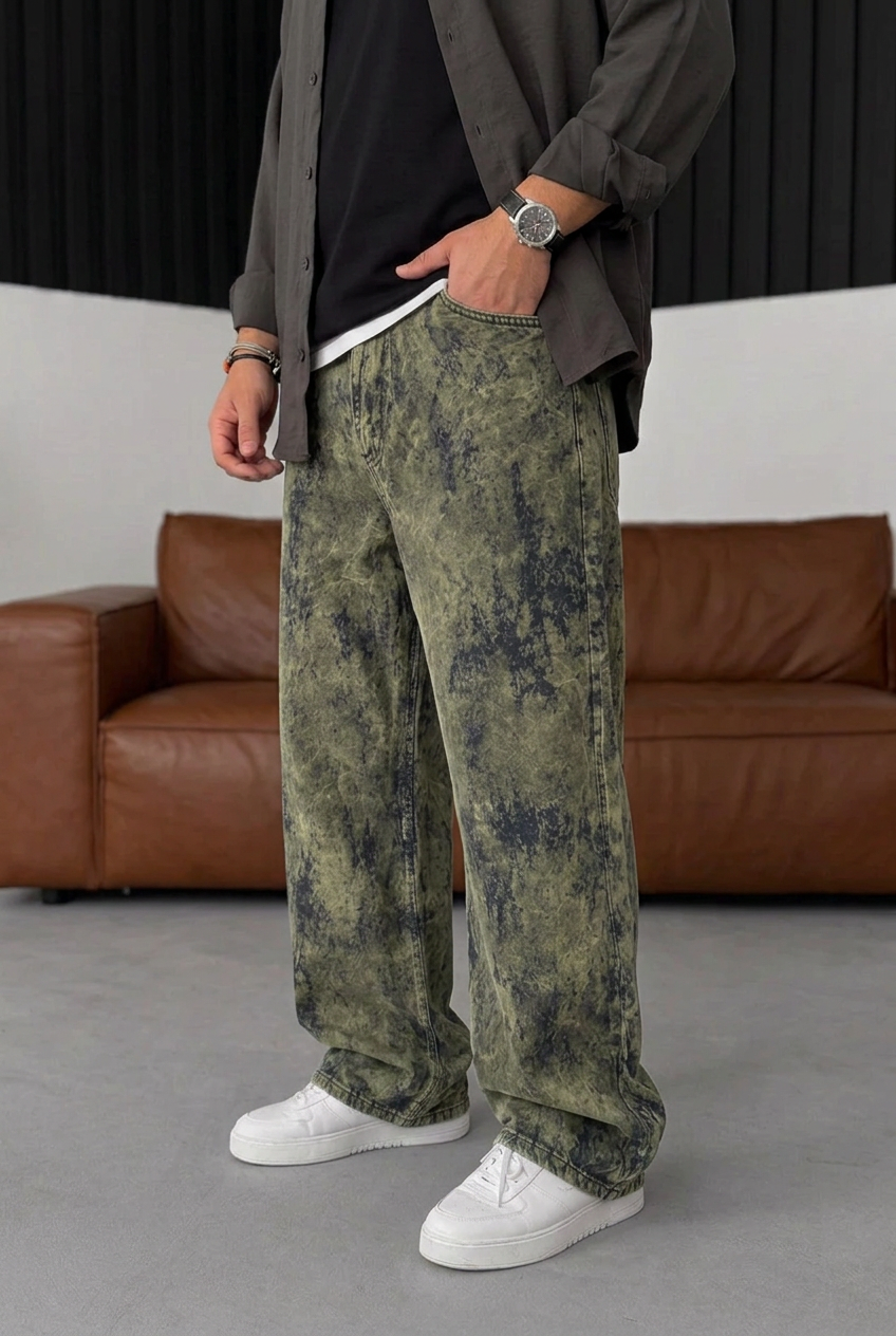 Old School Extra Baggy Denim/Velvet Trousers with Fraying Effect – Khaki