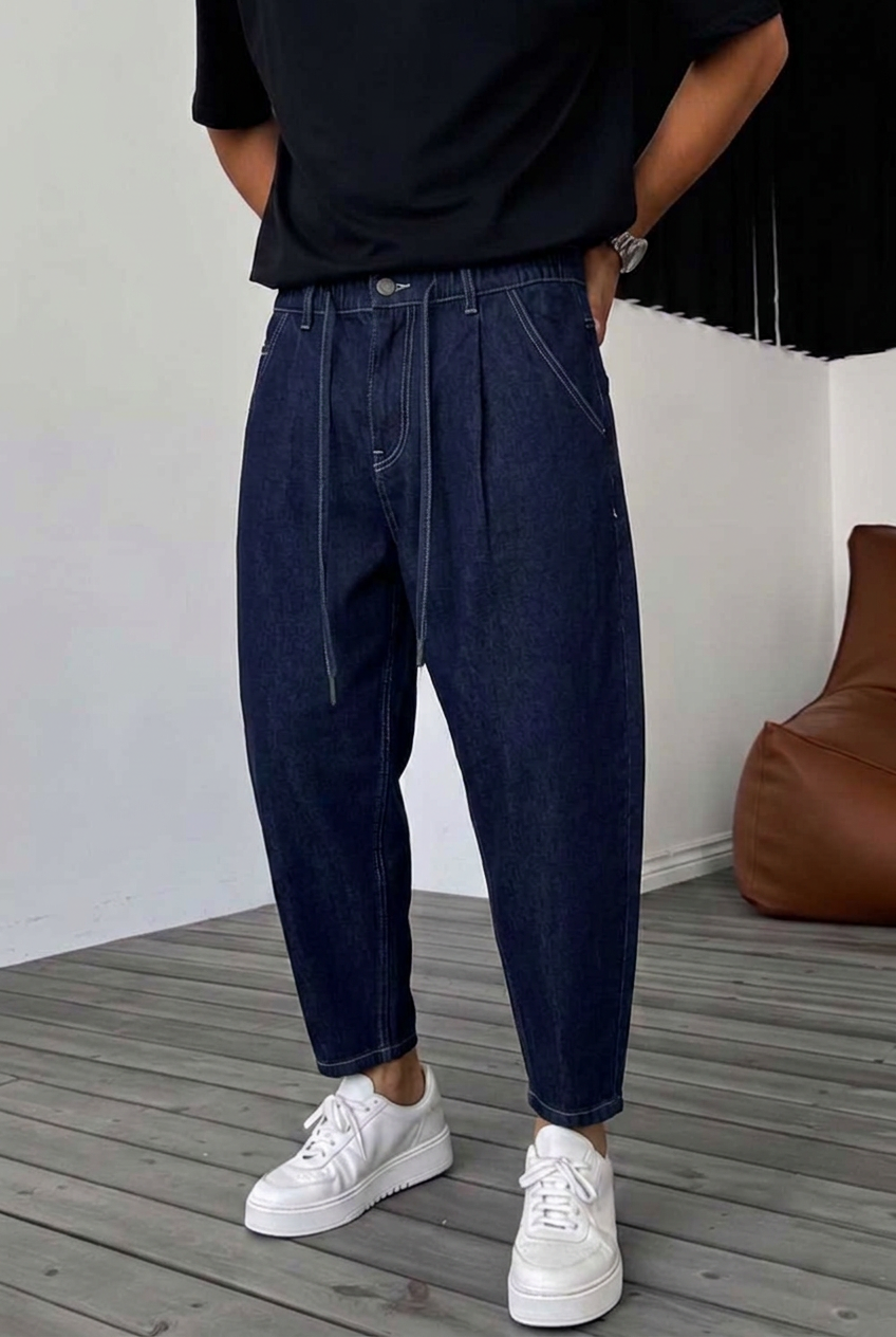 Ανδρικό Denim Παντελόνι Balloon Fit με Λάστιχο στη Μέση – Σκούρο Μπλε