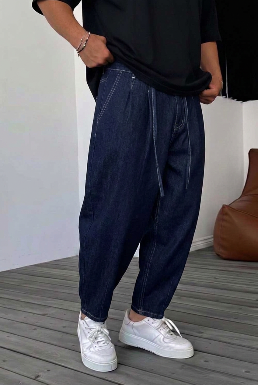 Ανδρικό Denim Παντελόνι Balloon Fit με Λάστιχο στη Μέση – Σκούρο Μπλε