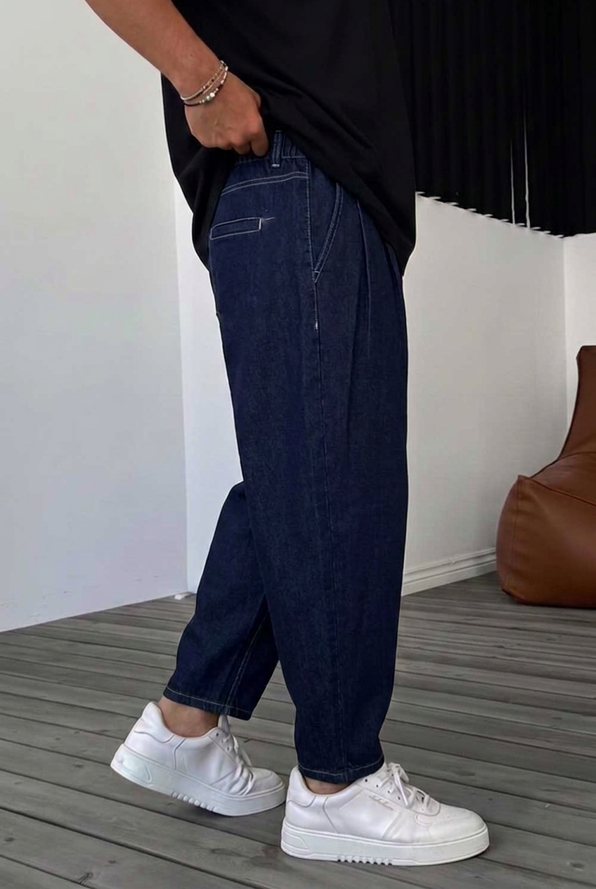 Ανδρικό Denim Παντελόνι Balloon Fit με Λάστιχο στη Μέση – Σκούρο Μπλε