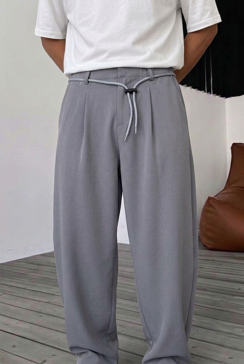 Ανδρικό Παντελόνι Wide Leg με Πιέτες & Ρυθμιζόμενο Κορδόνι – Γκρι
