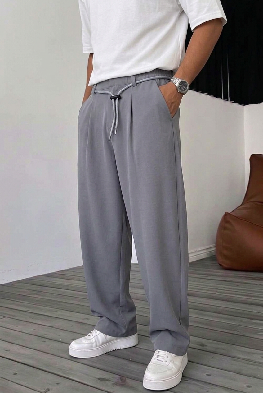 Ανδρικό Παντελόνι Wide Leg με Πιέτες & Ρυθμιζόμενο Κορδόνι – Γκρι