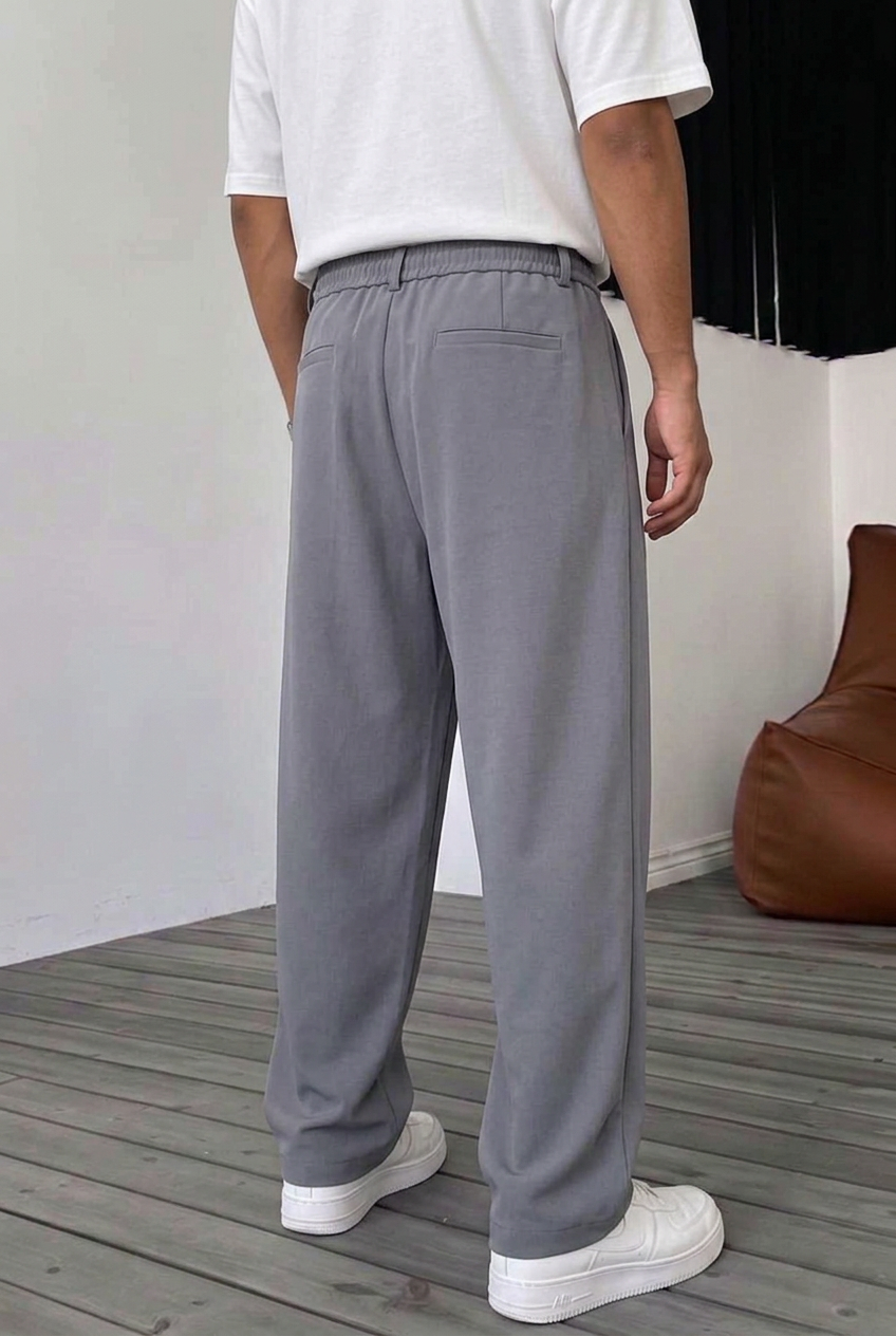 Ανδρικό Παντελόνι Wide Leg με Πιέτες & Ρυθμιζόμενο Κορδόνι – Γκρι