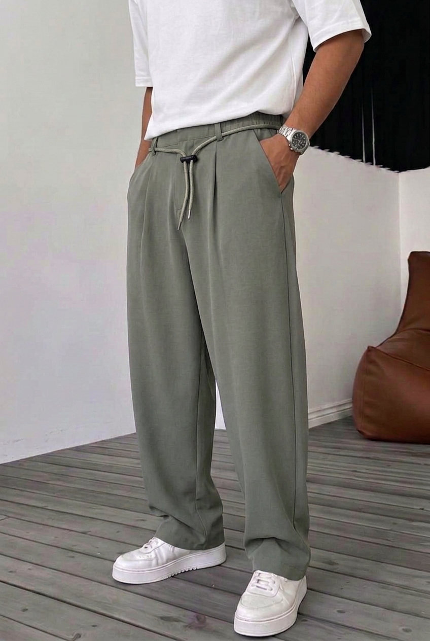 Ανδρικό Παντελόνι Wide Leg με Πιέτες & Ρυθμιζόμενο Κορδόνι – Χακί