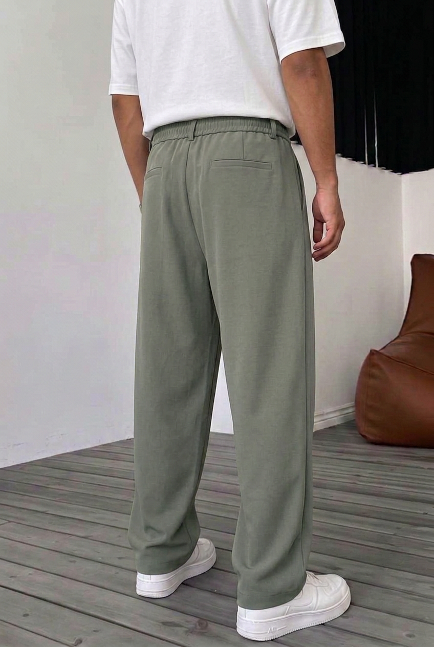 Ανδρικό Παντελόνι Wide Leg με Πιέτες & Ρυθμιζόμενο Κορδόνι – Χακί