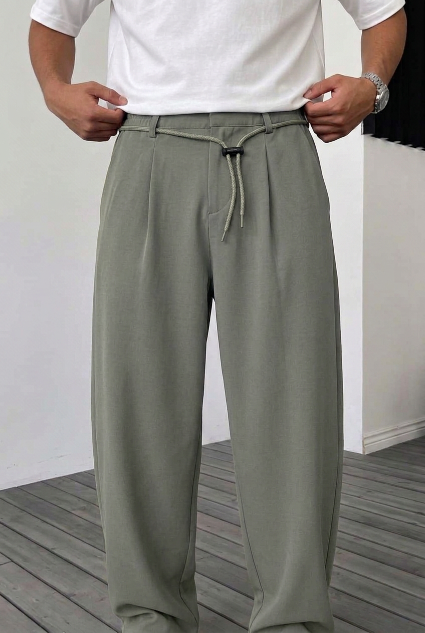 Ανδρικό Παντελόνι Wide Leg με Πιέτες & Ρυθμιζόμενο Κορδόνι – Χακί
