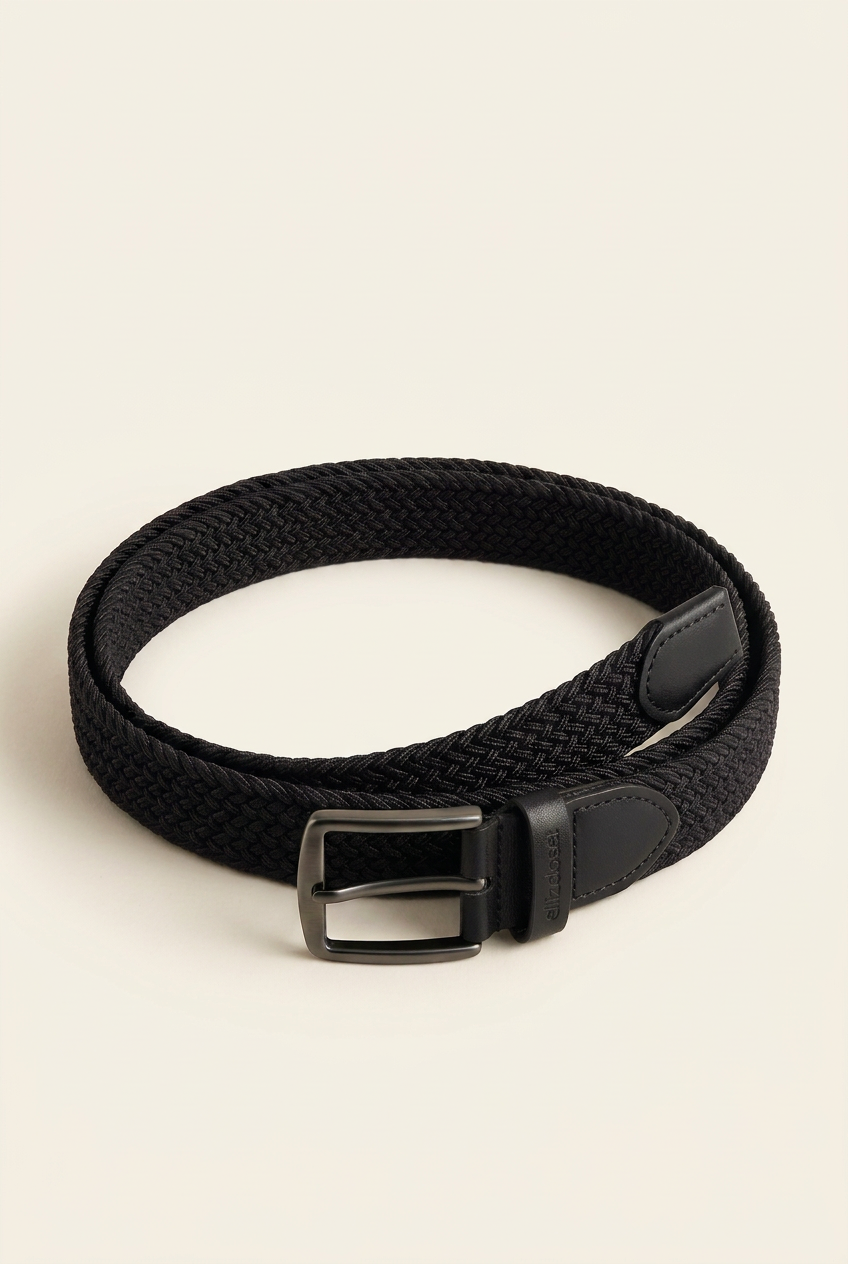 Ellizcloset Knitted Elastic Belt with Leather Trim – Black