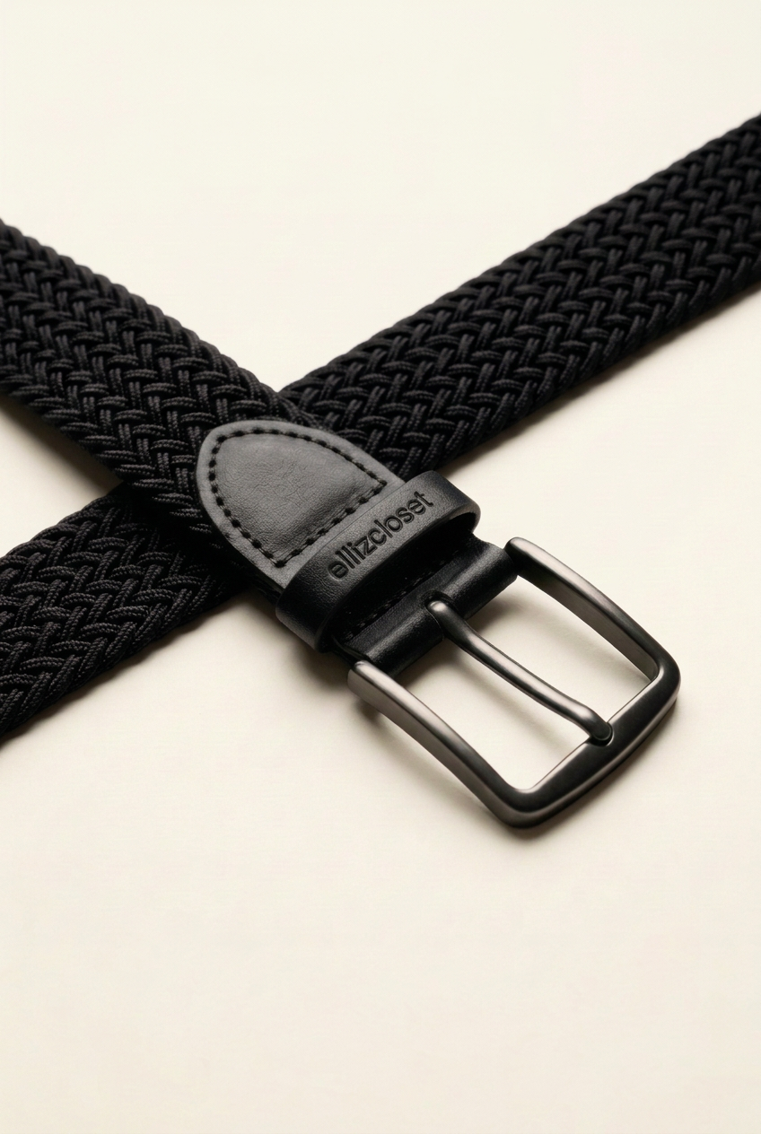 Ellizcloset Knitted Elastic Belt with Leather Trim – Black