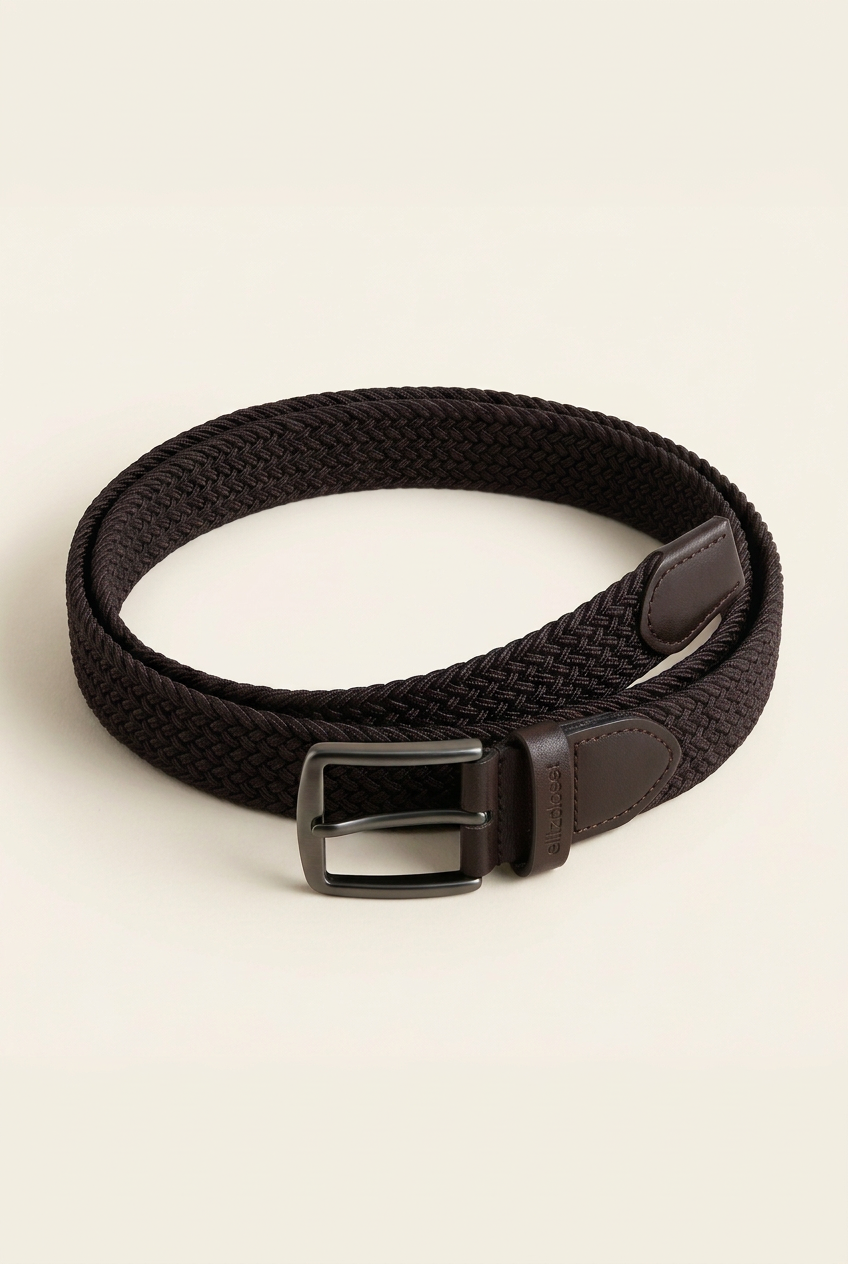Ellizcloset Knitted Elastic Belt with Leather Trim – Dark Brown