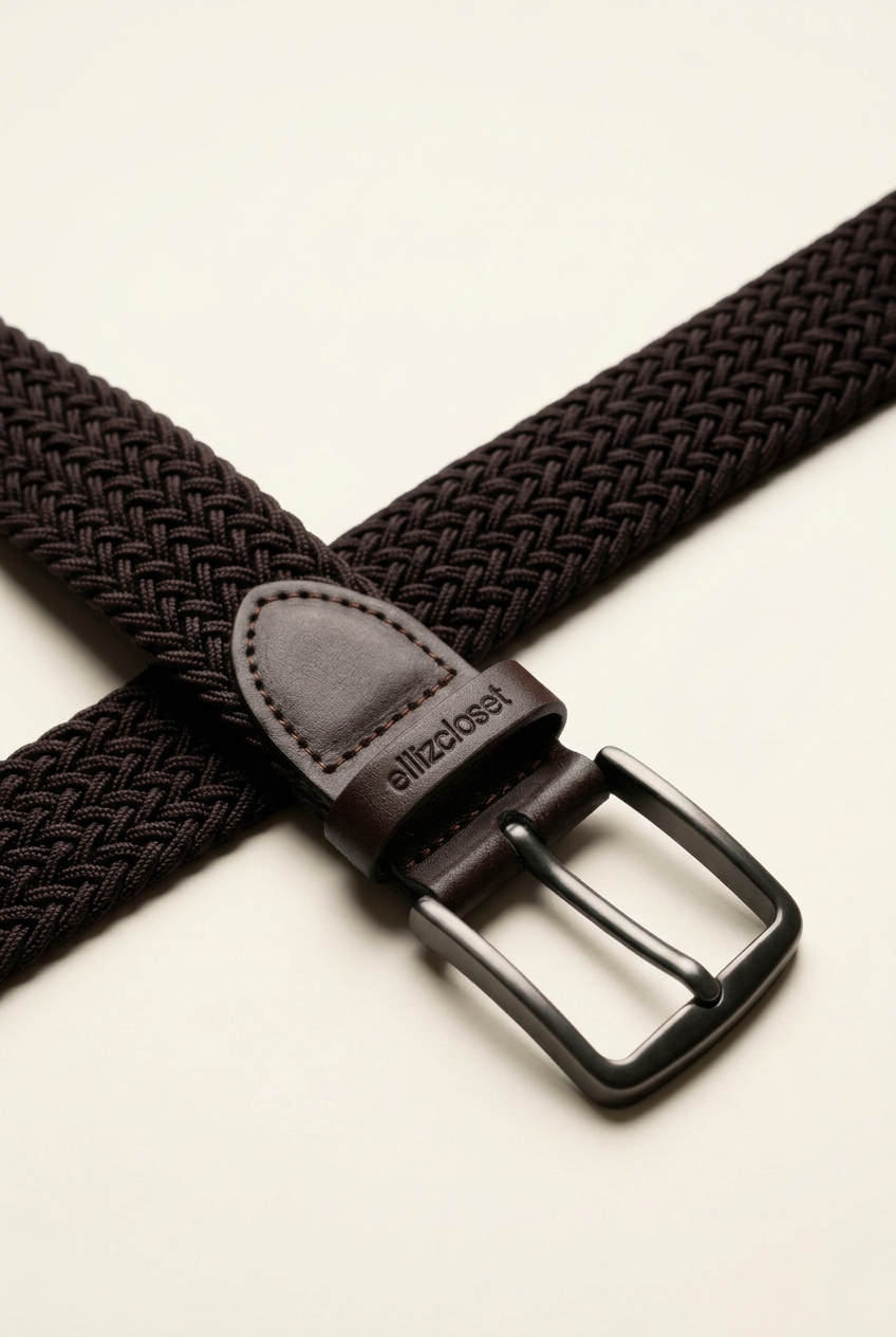 Ellizcloset Knitted Elastic Belt with Leather Trim – Dark Brown