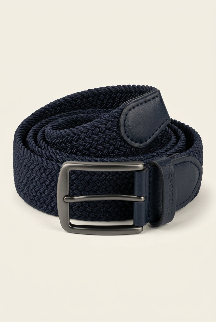 Ellizcloset Knitted Elastic Belt with Leather Trim – Blue