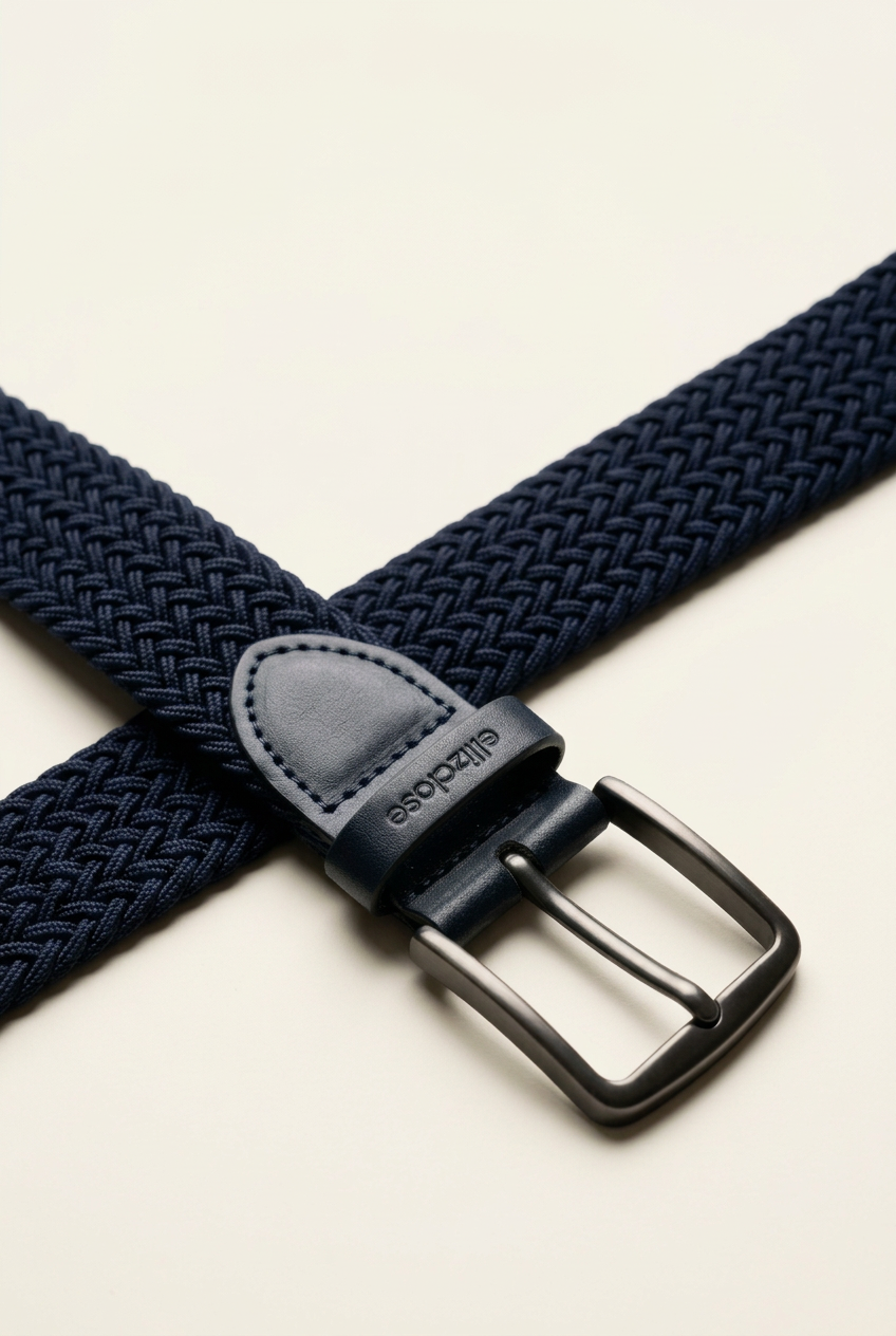 Ellizcloset Knitted Elastic Belt with Leather Trim – Blue