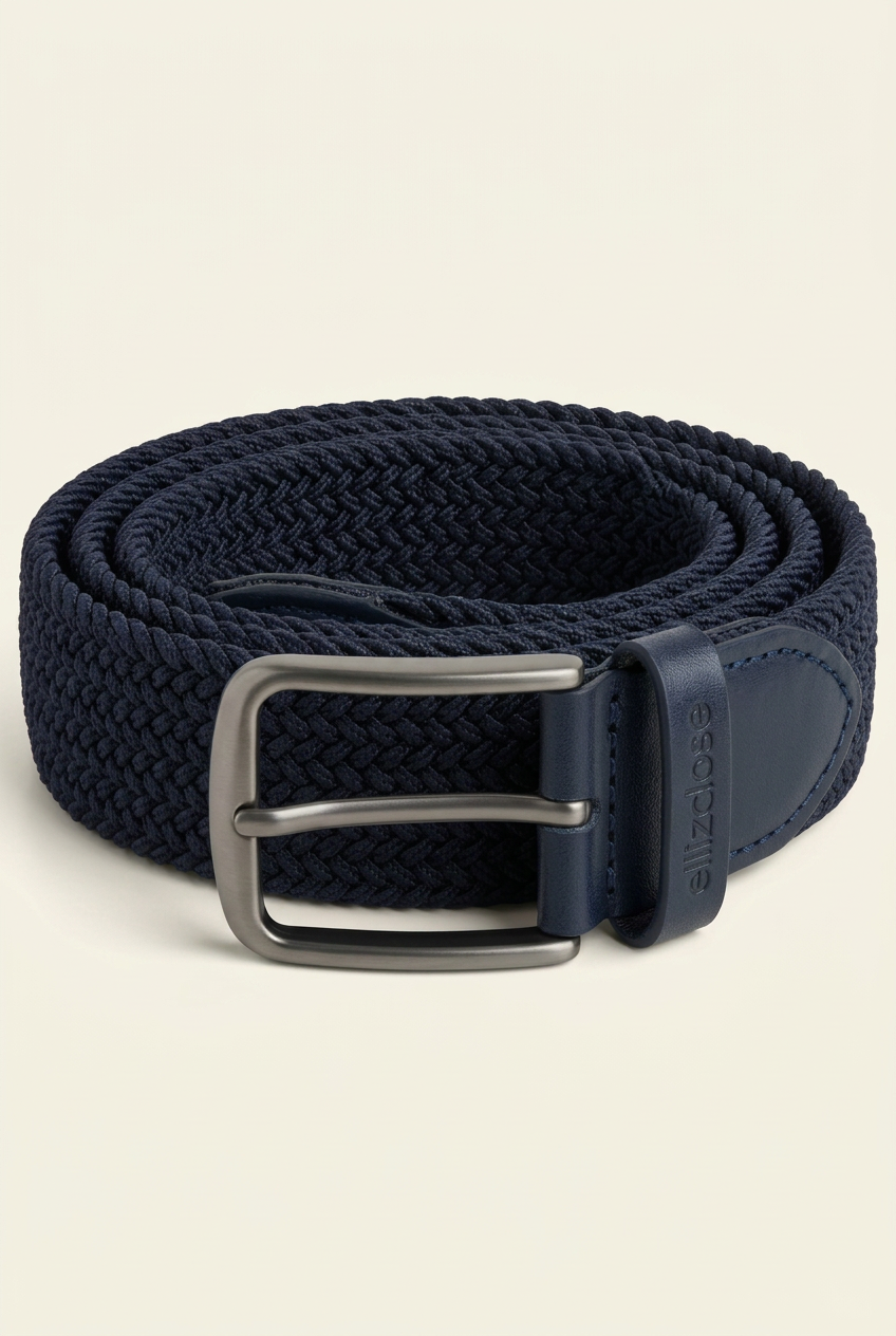Ellizcloset Knitted Elastic Belt with Leather Trim – Blue