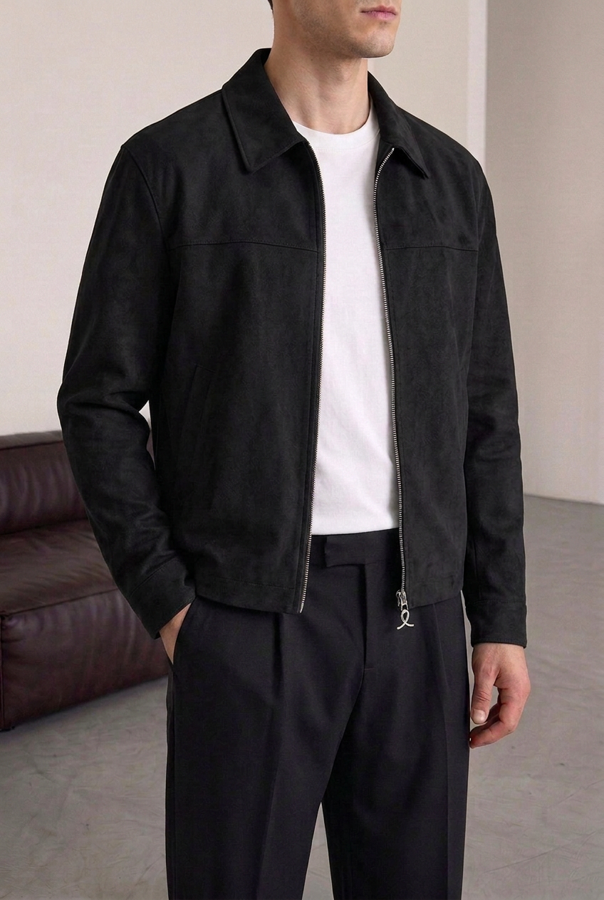 Suede Jacket with Zip – Black