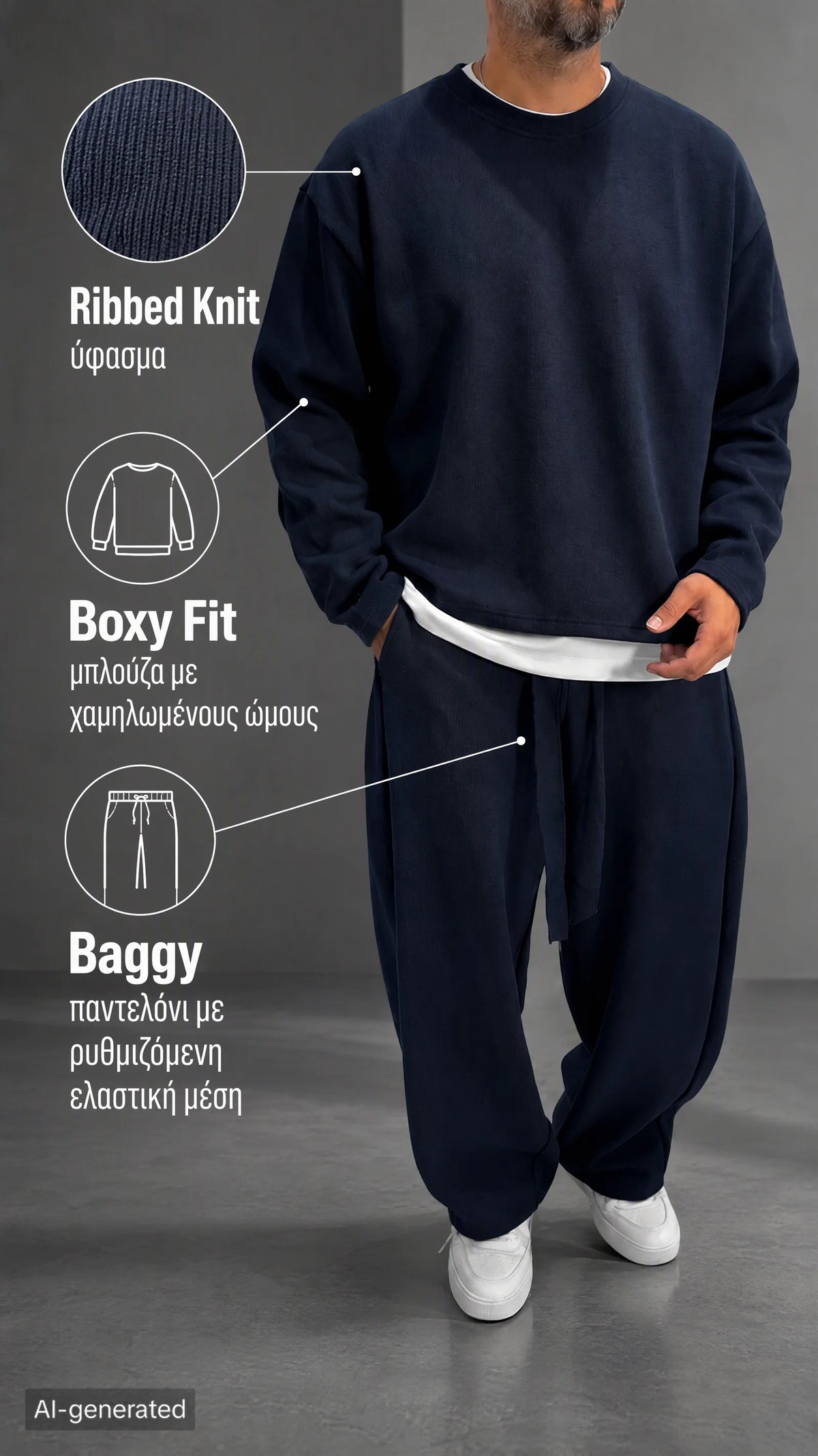 Ribbed Knit Boxy Fit Tracksuit Set with Drawstring – Dark Blue