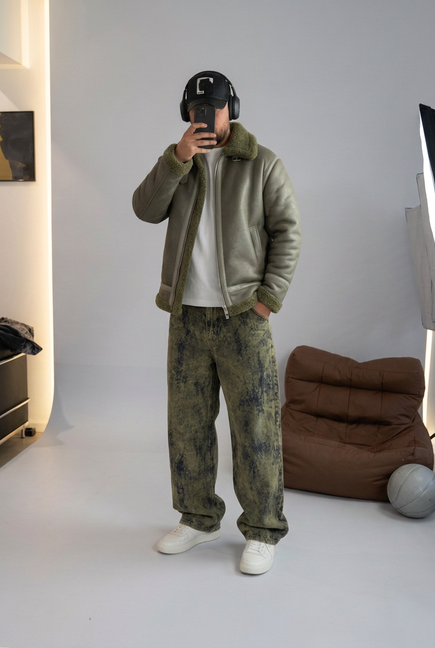 Ανδρικό Oversized Aviator Jacket από Δερματίνη με Γούνα Teddy – Χακί