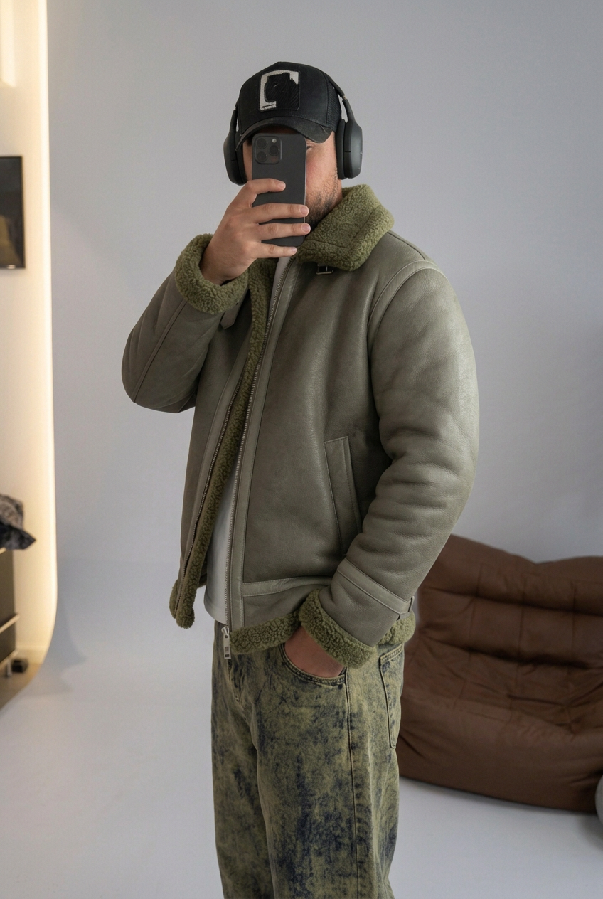 Ανδρικό Oversized Aviator Jacket από Δερματίνη με Γούνα Teddy – Χακί