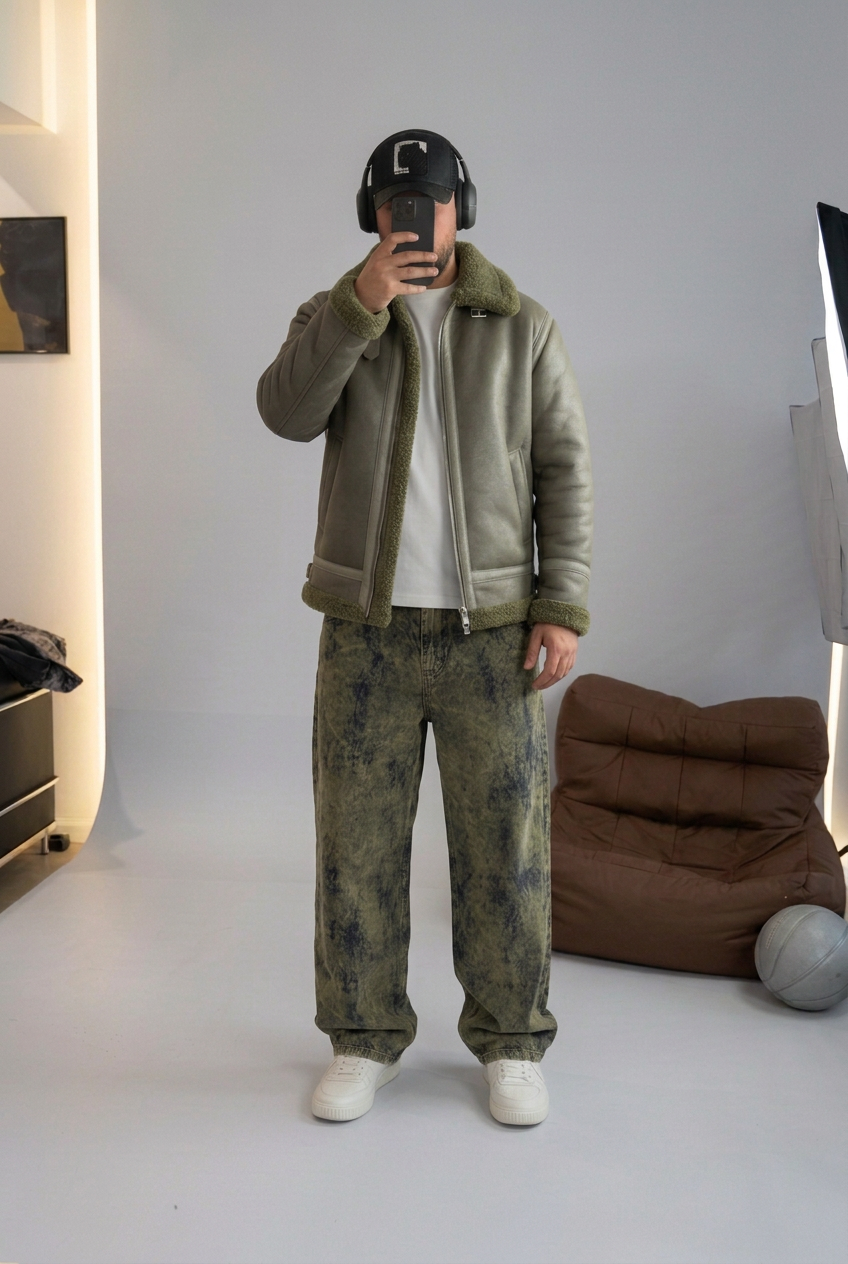 Ανδρικό Oversized Aviator Jacket από Δερματίνη με Γούνα Teddy – Χακί