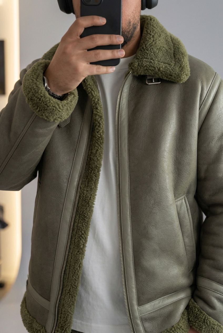 Ανδρικό Oversized Aviator Jacket από Δερματίνη με Γούνα Teddy – Χακί
