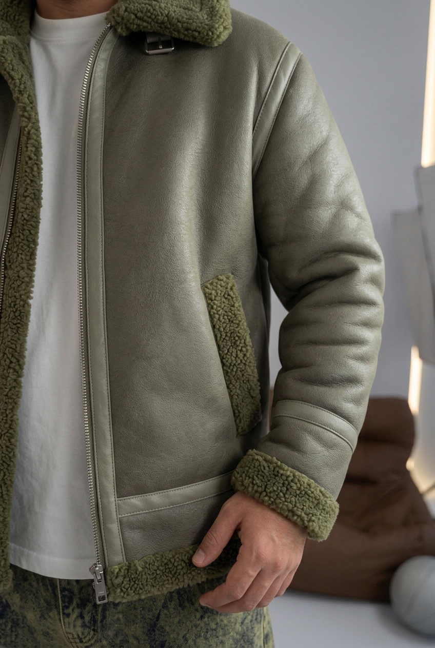 Ανδρικό Oversized Aviator Jacket από Δερματίνη με Γούνα Teddy – Χακί