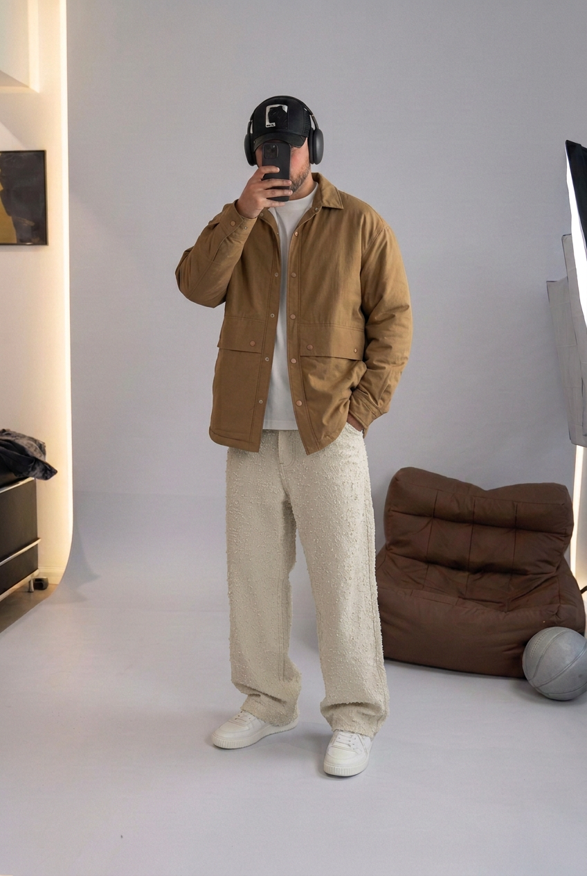Baggy Fit Trousers with Textured Fabric – Ecru