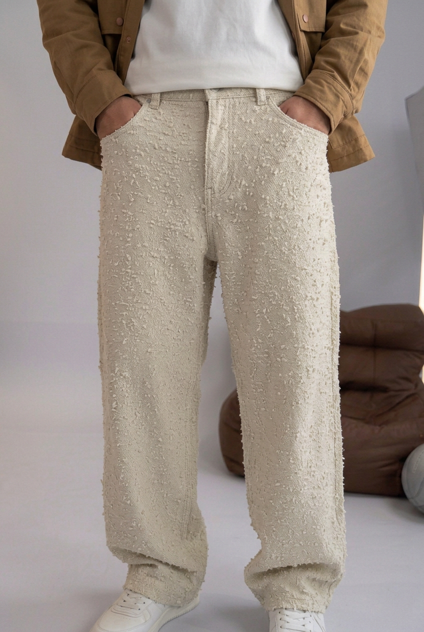 Baggy Fit Trousers with Textured Fabric – Ecru